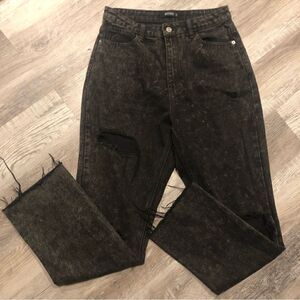 MISSGUIDED Black‎ Acid Wash Straight Leg Jeans  Distressed Grunge Raw Hem Size 8